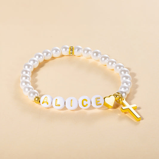 Custom Name Beaded Gold Cross Bracelet, Fresh Water Pearl Bracelet with Initials, Holy Communion/Baptism/Wedding Gift for Women/Girls/Bridesmaids