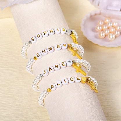 Custom Name Beaded Gold Cross Bracelet, Fresh Water Pearl Bracelet with Initials, Holy Communion/Baptism/Wedding Gift for Women/Girls/Bridesmaids