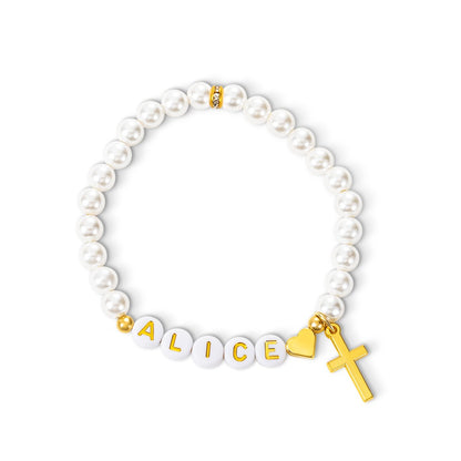 Custom Name Beaded Gold Cross Bracelet, Fresh Water Pearl Bracelet with Initials, Holy Communion/Baptism/Wedding Gift for Women/Girls/Bridesmaids