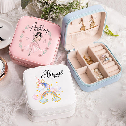 Personalized Name Watercolor Cartoon Pattern Jewelry Box, PU Leather Travel Jewelry Case, Children's Day/Birthday/Christmas Gift for Teen Girls