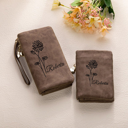 Personalized Name Birth Flower Leather Wallet, Custom Monogram Wallet with Coin Holder & Wrist Strap, Birthday/Christmas Gift for Woman/Mom/Her