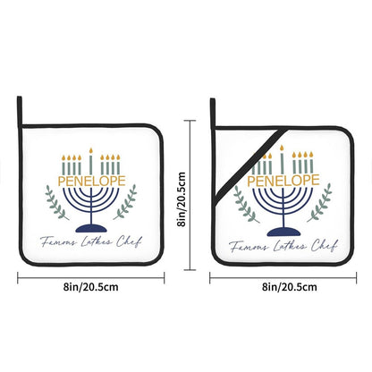 (Set of 2)Custom Name Menorah Design Pot Holders, Waterproof Coated Potholder with Loop, Kitchen Supply, Hanukkah Gift for Her/Mom/Cooking Lovers