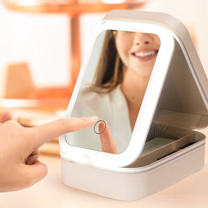 Custom Birth Flower Portable Leather Makeup Box with Name and LED Three-Color Adjustable Makeup Mirror, Travel Essential Birthday Gift for Women