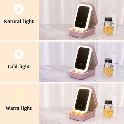 Custom Birth Flower Portable Leather Makeup Box with Name and LED Three-Color Adjustable Makeup Mirror, Travel Essential Birthday Gift for Women