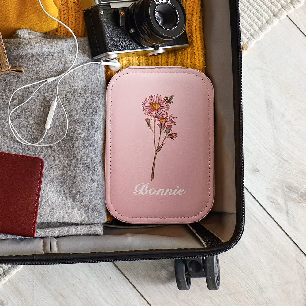 Custom Birth Flower Portable Leather Makeup Box with Name and LED Three-Color Adjustable Makeup Mirror, Travel Essential Birthday Gift for Women