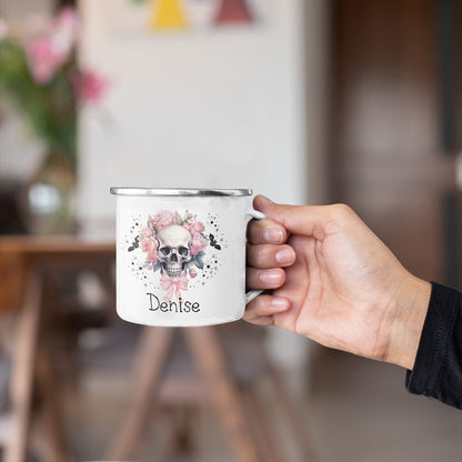 Personalized Name Halloween Flower Skull Design Enamel Mug, 11oz Children's Water Cup, Shatterproof Mug with Handle, Halloween Gift for Family/Girls
