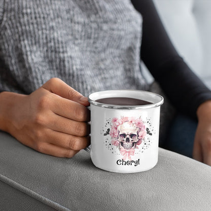 Personalized Name Halloween Flower Skull Design Enamel Mug, 11oz Children's Water Cup, Shatterproof Mug with Handle, Halloween Gift for Family/Girls
