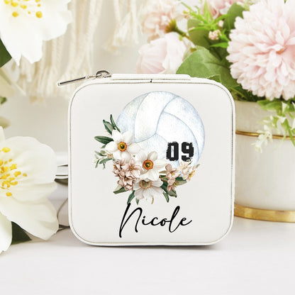 Custom Name & Birth Flower Volleyball Jewelry Box with Numbers, PU Leather Jewelry Storage Box, Christmas/Birthday Gift for Volleyball Player/Mom