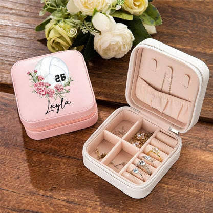 Custom Name & Birth Flower Volleyball Jewelry Box with Numbers, PU Leather Jewelry Storage Box, Christmas/Birthday Gift for Volleyball Player/Mom