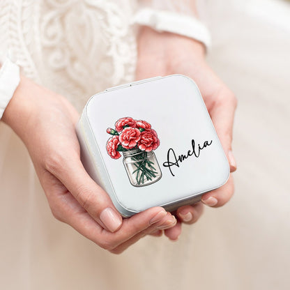 Personalized Name & Birth Flower Pattern Jewelry Box, PU Leather Retro Jewelry Storage Box, Christmas/Birthday/Bridal Gift for Mom/Girls/Bridesmaids