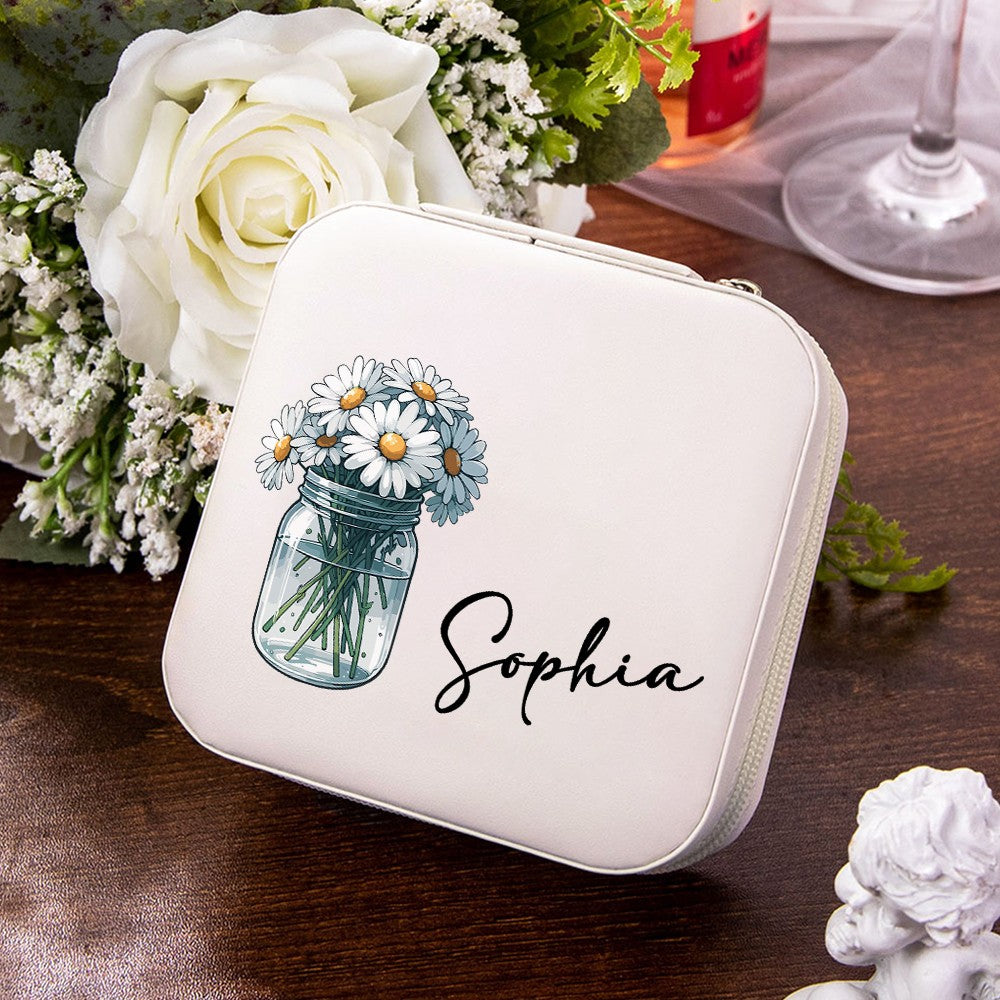 Personalized Name & Birth Flower Pattern Jewelry Box, PU Leather Retro Jewelry Storage Box, Christmas/Birthday/Bridal Gift for Mom/Girls/Bridesmaids