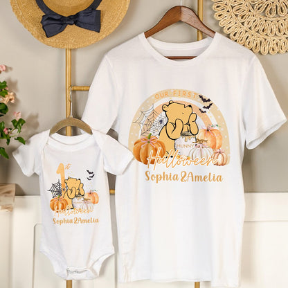 Custom Name Our First Halloween Parent-Child Clothing Matching Shirts, Bear Pumpkin Cotton Mommy T-Shirt & Baby Onesie Set, Gift for Baby/New Mom