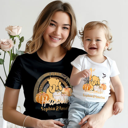 Custom Name Our First Halloween Parent-Child Clothing Matching Shirts, Bear Pumpkin Cotton Mommy T-Shirt & Baby Onesie Set, Gift for Baby/New Mom