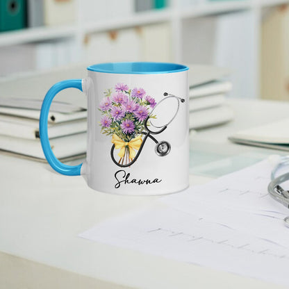 Custom Name & Birth Flower Bow Stethoscope Design Mug, 11oz Ceramic Nurse Coffee Cup, Appreciation/Graduation Gift for Nurse/Doctor/Medical Students
