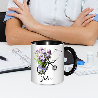 Custom Name & Birth Flower Bow Stethoscope Design Mug, 11oz Ceramic Nurse Coffee Cup, Appreciation/Graduation Gift for Nurse/Doctor/Medical Students