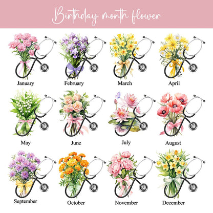 Custom Name & Birth Flower Bow Stethoscope Design Mug, 11oz Ceramic Nurse Coffee Cup, Appreciation/Graduation Gift for Nurse/Doctor/Medical Students