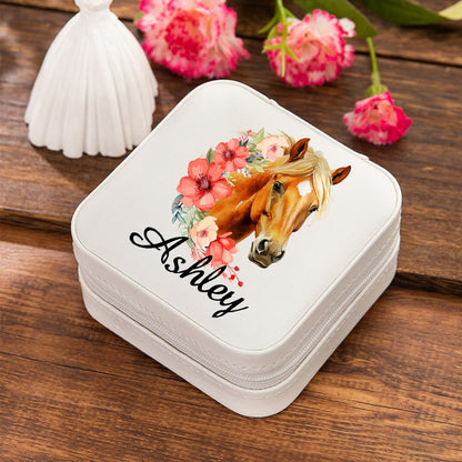 Personalized Horse and Birth Flower Jewelry Case, Portable Leather Jewelry Box with Multiple Compartments, Christmas/Birthday Gift for Horse Lover/Her