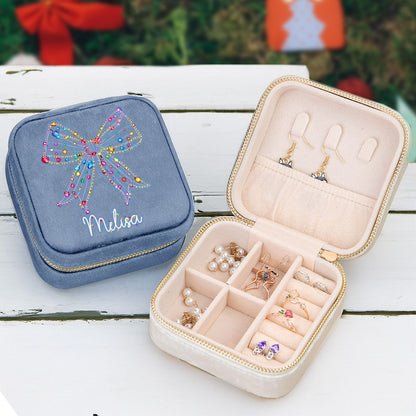 Personalized Christmas Light Coquette Bow Design Jewelry Box with Name, Velvet Travel Jewelry Case with Zipper, Christmas Gift for Mom/Grandma/Her