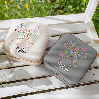 Personalized Christmas Light Coquette Bow Design Jewelry Box with Name, Velvet Travel Jewelry Case with Zipper, Christmas Gift for Mom/Grandma/Her