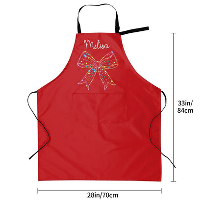 Custom Name Christmas Light Coquette Bow Apron, Kitchen Apron with Pocket & Adjustable Strap, Kitchen Accessory, Christmas Gift for Mother/Grandma/Her