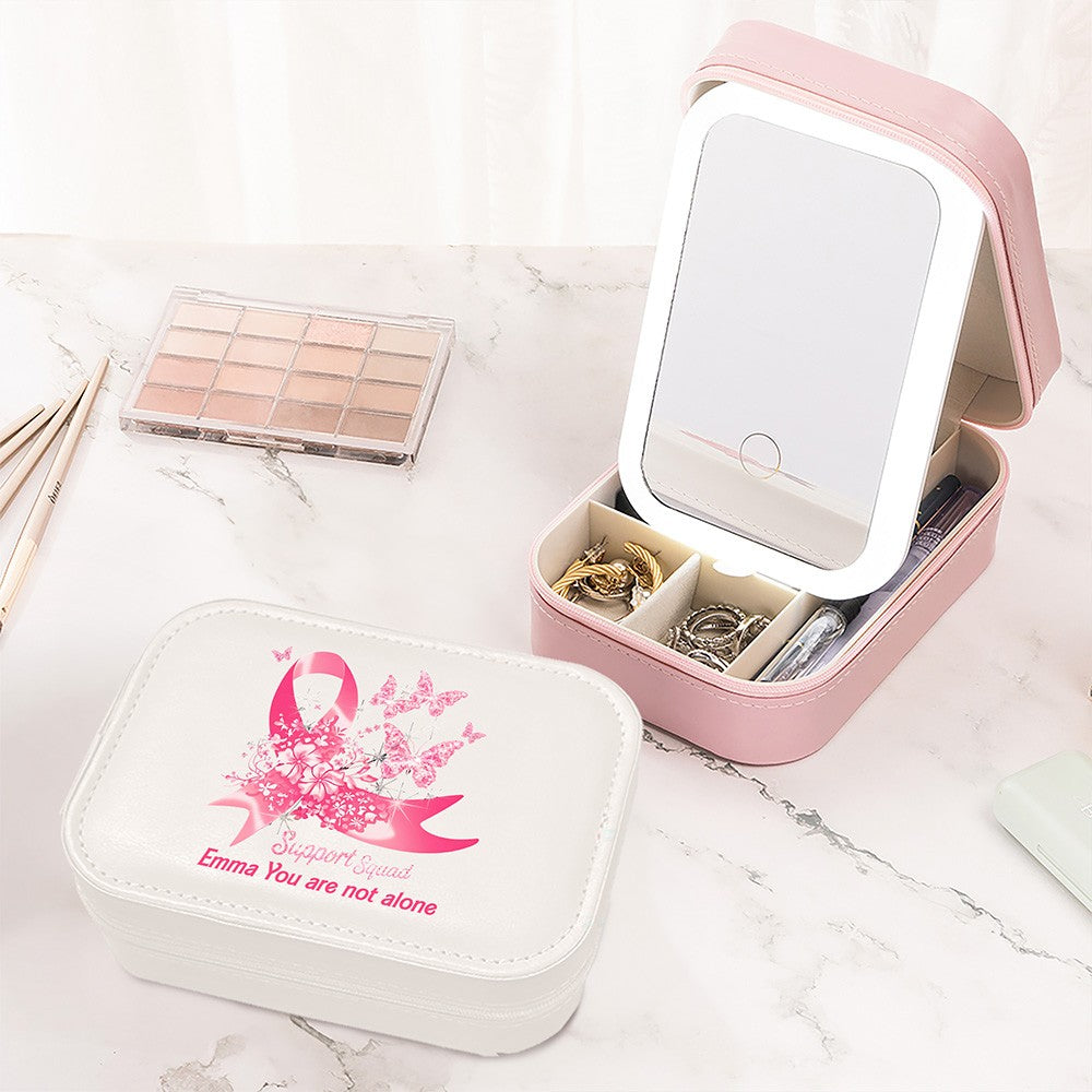 Custom Name Butterfly Pink Ribbon Makeup Box with Three-Color Adjustment LED Light Mirror, Jewelry Makeup Box, Cancer Survivor Gifts for Patients/Her