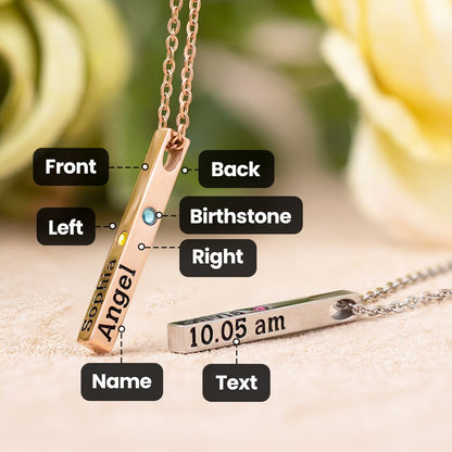Personalized Engraved Birthstone Necklace with Name, Newborn Name&Date Memorial Necklace, 4-Sided Bar Necklace With Birthstone, Gift for New Mom