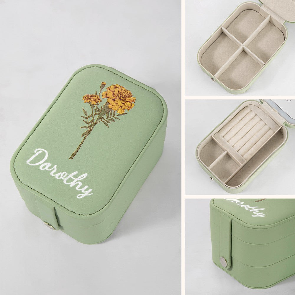 Custom Birth Flower & Name Travel Makeup Box, Multi-functional Makeup Mirror Box with LED Lights, Jewelry/Cosmetics Storage Box, Birthday Gift for Her