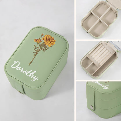 Custom Birth Flower & Name Travel Makeup Box, Multi-functional Makeup Mirror Box with LED Lights, Jewelry/Cosmetics Storage Box, Birthday Gift for Her
