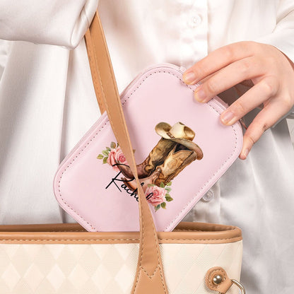 Custom Name Birth Flower Cowgirl Boots Makeup Box with Three-Color Adjustment LED Light Mirror, Travel Jewelry Makeup Box, Gift for Her/Mom/Friends