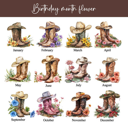 Custom Name Birth Flower Cowgirl Boots Makeup Box with Three-Color Adjustment LED Light Mirror, Travel Jewelry Makeup Box, Gift for Her/Mom/Friends