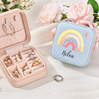Custom Name Watercolor Rainbow Jewelry Box, PU Leather Travel Jewelry Case, Birthday/Christmas/Anniversary/Wedding for Her/Mom/Grandma/Bridesmaids
