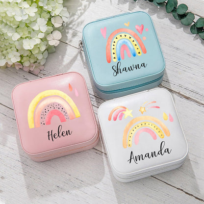 Custom Name Watercolor Rainbow Jewelry Box, PU Leather Travel Jewelry Case, Birthday/Christmas/Anniversary/Wedding for Her/Mom/Grandma/Bridesmaids
