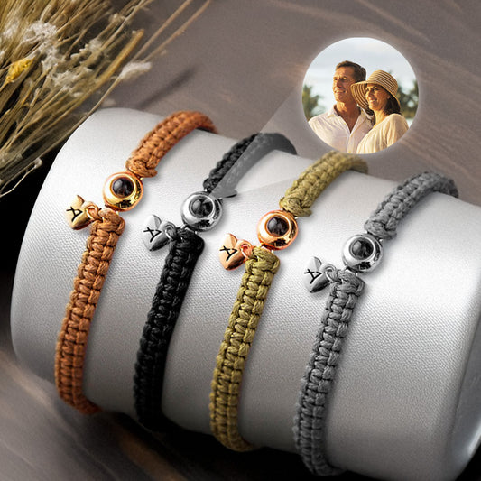 Personalized Photo Projection Charm Bracelet with Initials, Minimalist Braided Rope Bracelet, Anniversary/Valentine's Day Gift for Her/Him/Couples