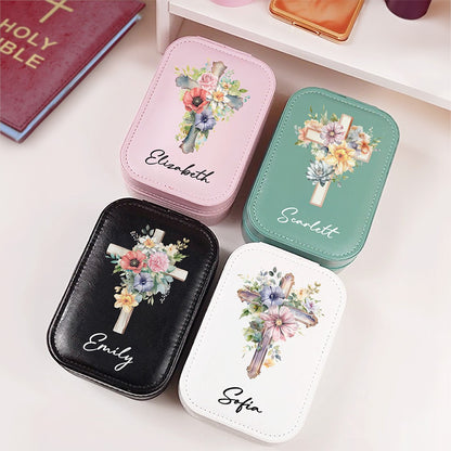 Custom Name Cross Birth Flower Makeup Box with Three-Color Adjustment LED Light Mirror, Travel Jewelry Makeup Box, Christian Gift for Her/Mom/Women