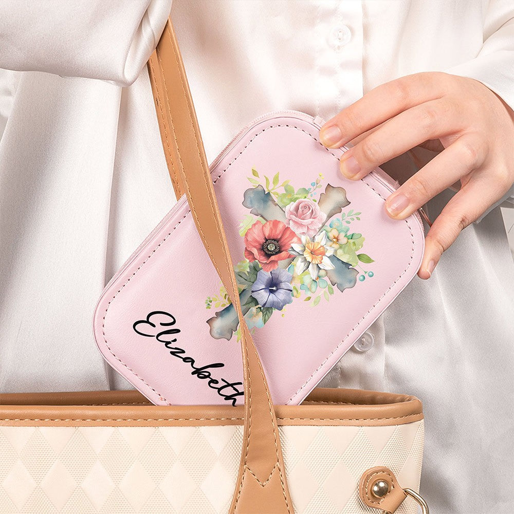 Custom Name Cross Birth Flower Makeup Box with Three-Color Adjustment LED Light Mirror, Travel Jewelry Makeup Box, Christian Gift for Her/Mom/Women