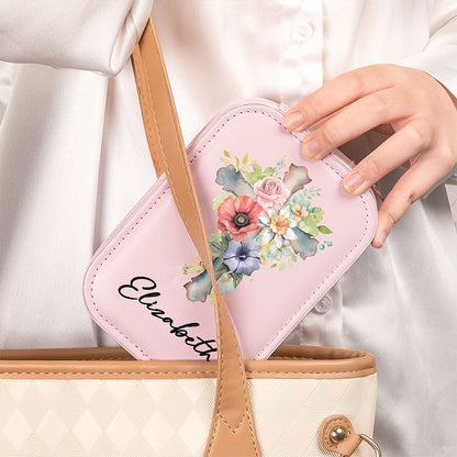 Custom Name Cross Birth Flower Makeup Box with Three-Color Adjustment LED Light Mirror, Travel Jewelry Makeup Box, Christian Gift for Her/Mom/Women