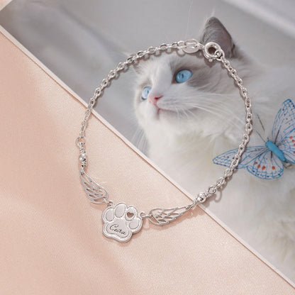 Custom Name Heart Pet Paw Bracelet with Angel Wings, In Memory of Dog/Cat Bracelet, Sterling Silver 925 Pet Loss Jewelry, Sympathy Gift for Pet Mom