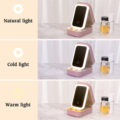 Personalized Pink Bow Initial Bunny Makeup Box with Name, Multi-functional Jewelry Makeup Box with Three-Color LED Light Mirror, Easter Gift for Women