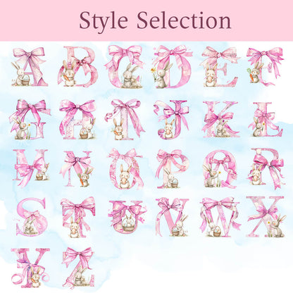 Personalized Pink Bow Initial Bunny Makeup Box with Name, Multi-functional Jewelry Makeup Box with Three-Color LED Light Mirror, Easter Gift for Women