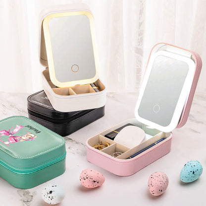 Personalized Pink Bow Initial Bunny Makeup Box with Name, Multi-functional Jewelry Makeup Box with Three-Color LED Light Mirror, Easter Gift for Women