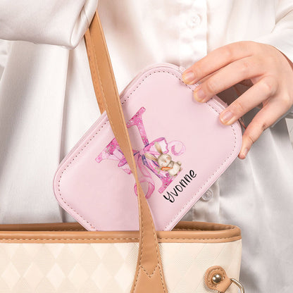 Personalized Pink Bow Initial Bunny Makeup Box with Name, Multi-functional Jewelry Makeup Box with Three-Color LED Light Mirror, Easter Gift for Women