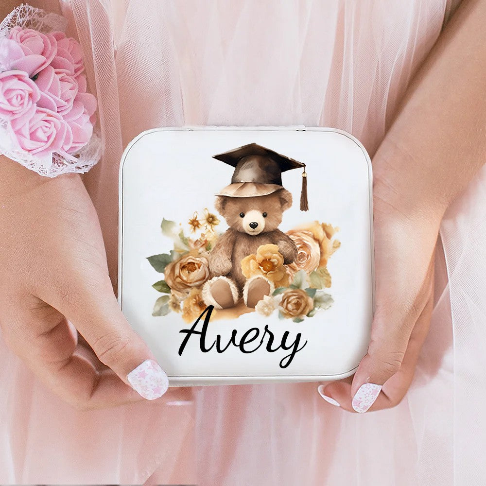 Personalized Name Bear with Graduation Hat Design Jewelry Box, PU Leather Travel Jewelry Case, Graduation Party Favor, Gift for Graduates/Friends/Her