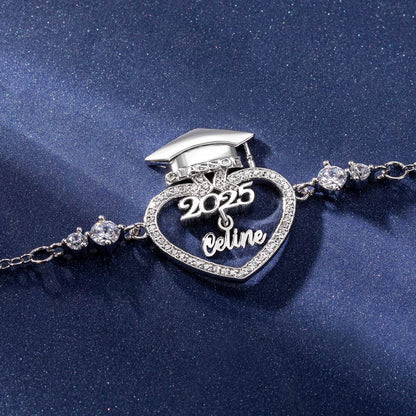 Custom Name Graduation Cap Heart Bracelet with Cubic Zirconia, Sterling Silver 925 Class of 2025 Graduation Jewelry, Graduation Gift for Graduates/Her