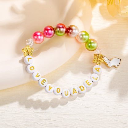 Custom Name Beaded Bracelet with Enamel Bunny Charm, Colorful Easter Bunny Bracelet, Easter Basket Stuffer, Birthday/Easter Gift for Her/Girls/Friends