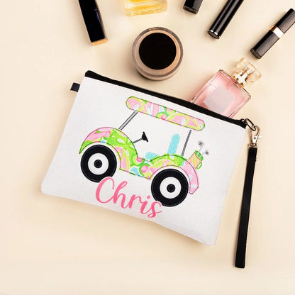 Personalized Golf Cart Cosmetic Bag with Wrist Strap, Custom Name Portable Golf Makeup Bag, Toiletry/Weekender Bag, Gift for Golf Lover/Coach/Women