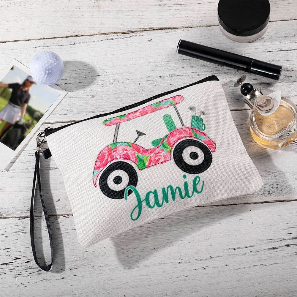 Personalized Golf Cart Cosmetic Bag with Wrist Strap, Custom Name Portable Golf Makeup Bag, Toiletry/Weekender Bag, Gift for Golf Lover/Coach/Women