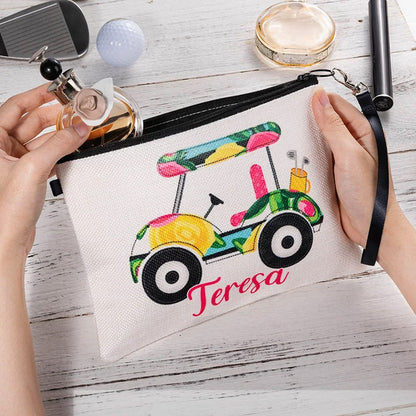 Personalized Golf Cart Cosmetic Bag with Wrist Strap, Custom Name Portable Golf Makeup Bag, Toiletry/Weekender Bag, Gift for Golf Lover/Coach/Women