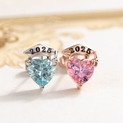 Custom Graduation Cap Stud Earrings with Birthstones, Heart Post Earrings, Class of 2025 Graduation Jewelry, Graduation Gifts for Her/Family/Friends