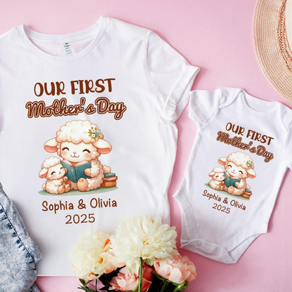 Custom Name Our First Mother's Day Parent-Child Matching Outfit, Animals Reading Book Design Mommy T-Shirt Baby Bodysuit Set, Gift for New Mom/Baby