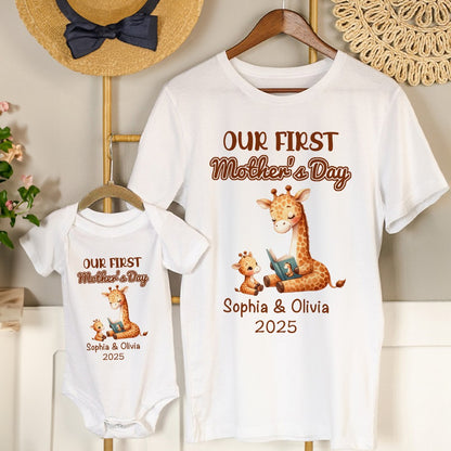 Custom Name Our First Mother's Day Parent-Child Matching Outfit, Animals Reading Book Design Mommy T-Shirt Baby Bodysuit Set, Gift for New Mom/Baby